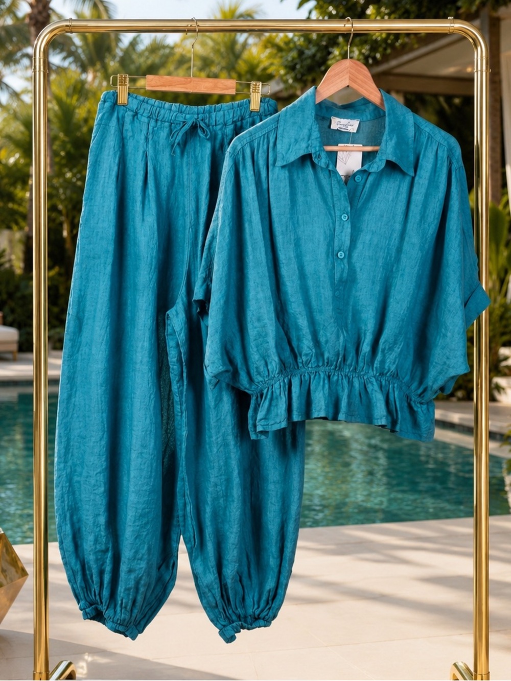 Made in Italy Puro Lino Teal Women's Tracksuit Top & Pants Set